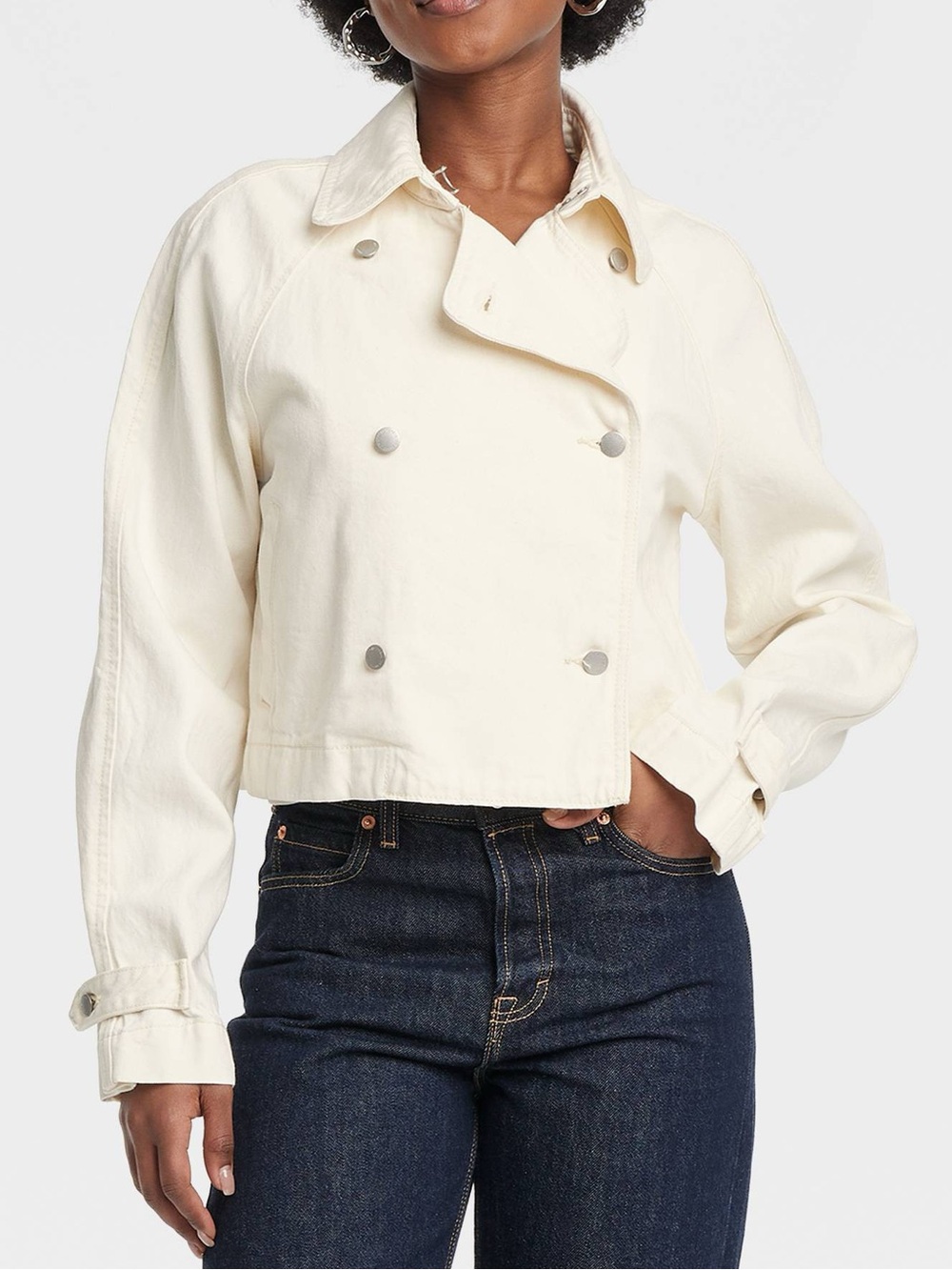 NWT Cropped Double-Breasted Womens Trench Jacket Cream Universal Threads Sz Lg